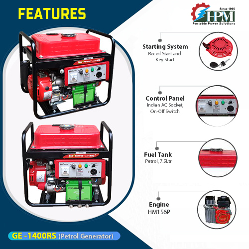 1.2 KVA Portable, Petrol Run, GE-1400RS, Recoil & Self Start